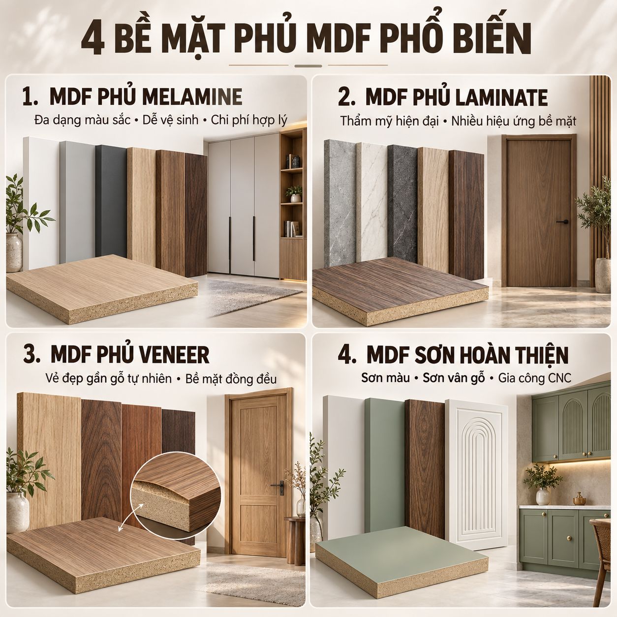 4 bề mặt phủ mdf